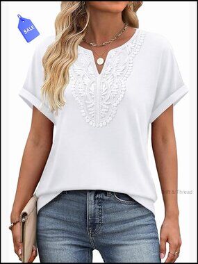 Short Sleeve Lace Front Tunic Top for Leggings Casual Summer Blouse
